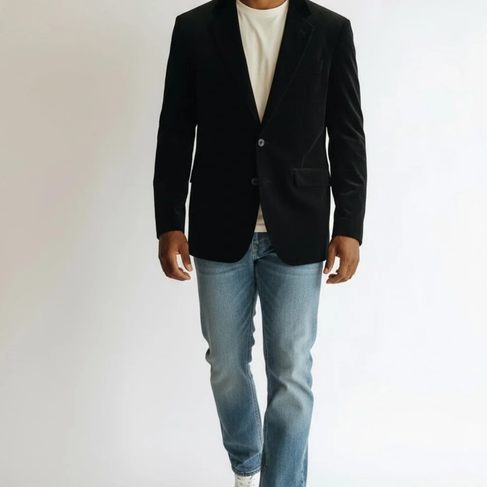 DKNY Classic Black Velvet Blazer – Elegant 2-Button Jacket, Timeless Style